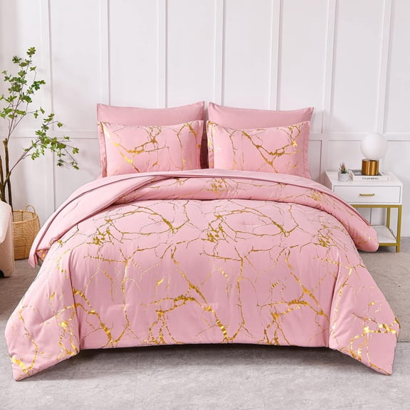 Pink Gold Metallic Marble Print 7-Piece Comforter Set Queen Size Microfiber