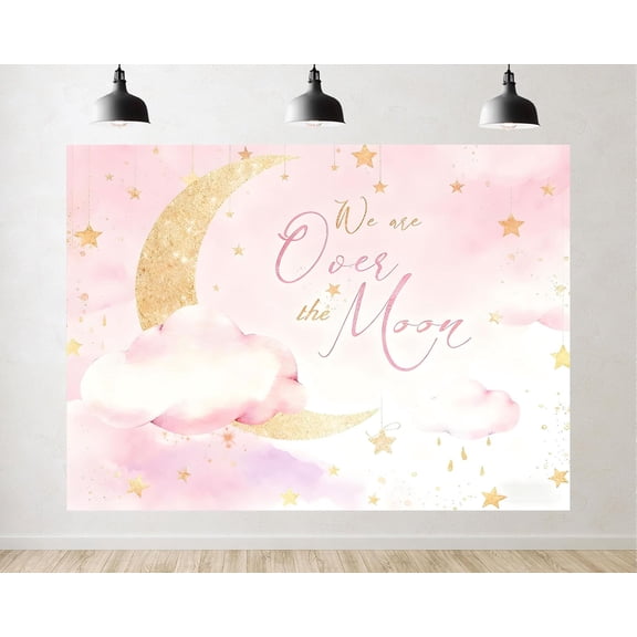 Pink Gold Over The Moon Backdrop Crescent Moon Stars Clouds Baby Shower Photography Background Newborn Birthday Party Decorations Banner Photo Booth Props