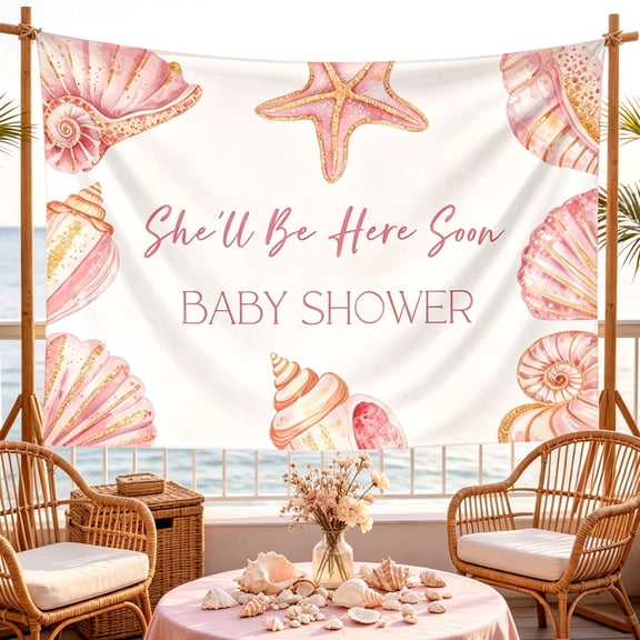 Pink Gold Ocean Theme Baby Shower Backdrop - Coastal Party Decor with Shell & Starfish Design