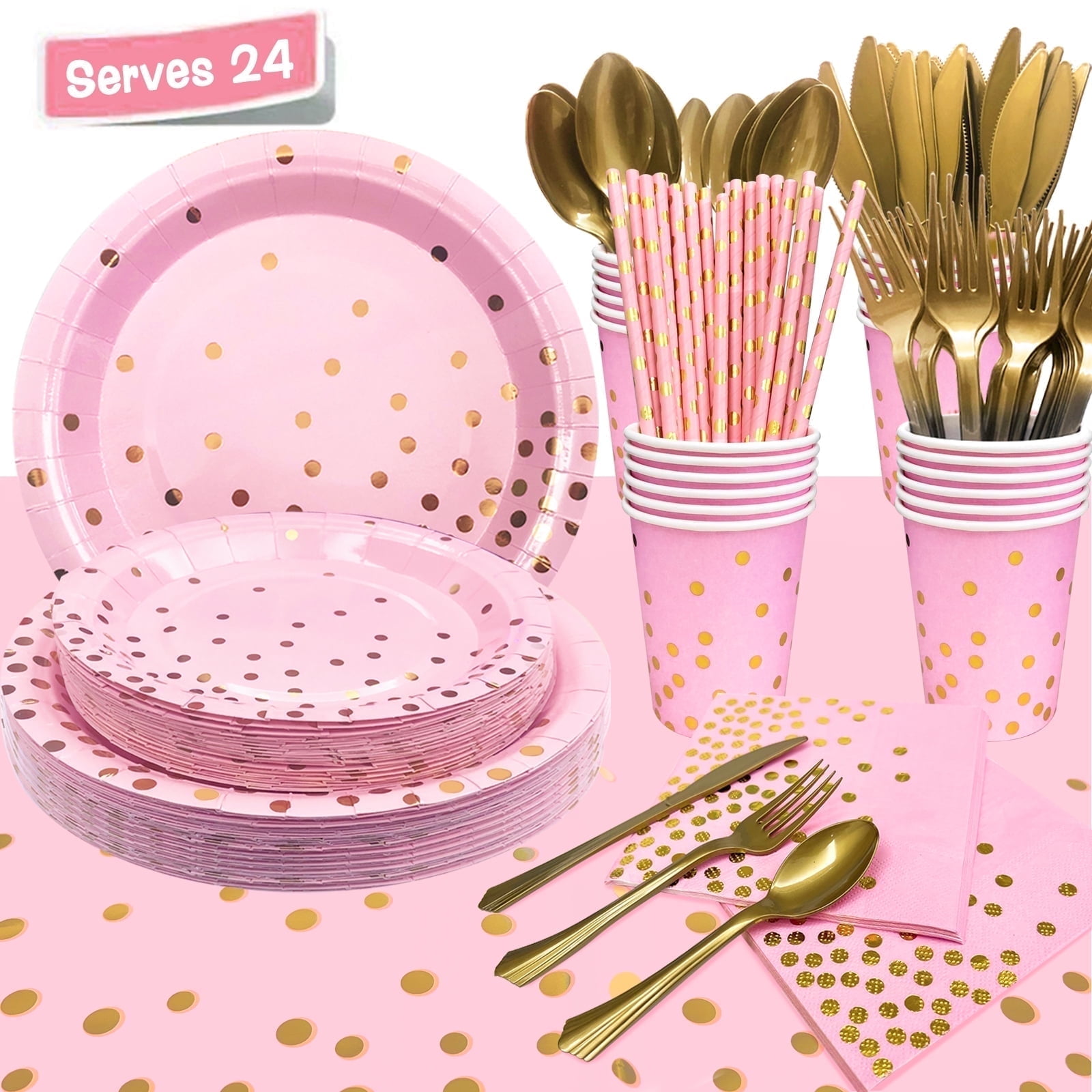 Set de Vajilla Desechable Rosa y Dorado para Fiestas 193 Piezas/Sirve a 24, Platos de Papel con Puntos Dorados, Vasos, Popotes, Mantel, Cubiertos de Plástico Dorados para Graduación, Cumpleaños, Vacaciones (Rosa)