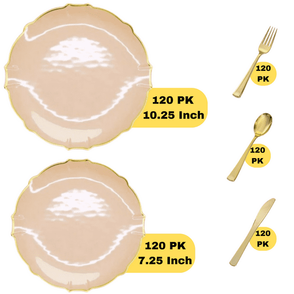 Pink / Gold Petal Wedding Plastic Plates Party Bundle w/ Gold Plastic Cutlery 120 Pack