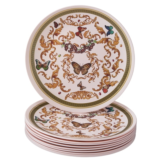 Pink and Gold Plastic Dessert Plates for Party (10 PC) Heavy Duty Disposable Dinner Set 7.5", Fine China Look Dishes for Baby Showers, Birthdays, Weddings, Engagements & Events - Versi Collection