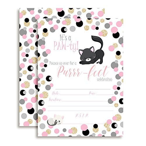 Pink & Gold Polka Dot Kitty Cat Birthday Party Invitations