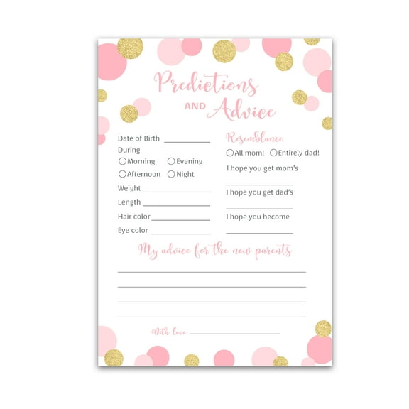 Pink and Gold Polka Dot Prediction and Advice Cards - Pack of 25 - GIRL Baby Shower Games, Confetti Dots Wishes for New Parents Mom & Dad to be Mommy & Daddy Message Activity Keepsake G810-PDAV