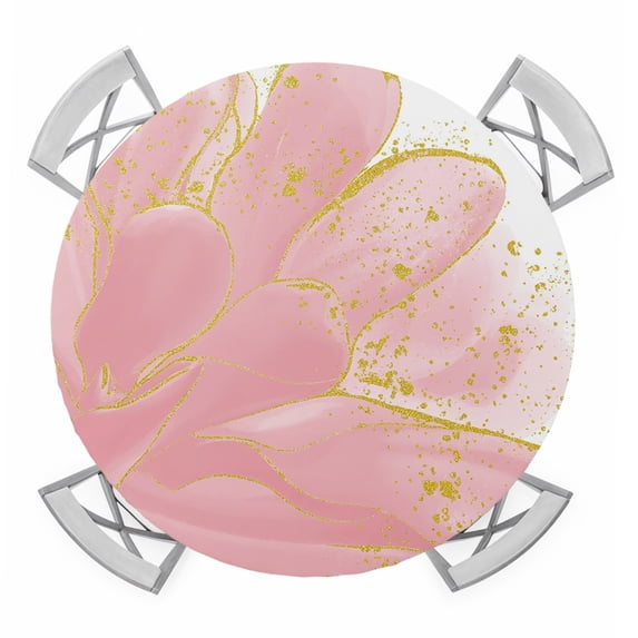 Pink Gold Round Tablecloth for 45-54 Inch Tables,Fitted Table Cover with Elastic Edge,Boho Modern Abstract Minimalist Aesthetic Flower Waterproof Outdoor Table Cloth Protector for Patio Garden Dinner