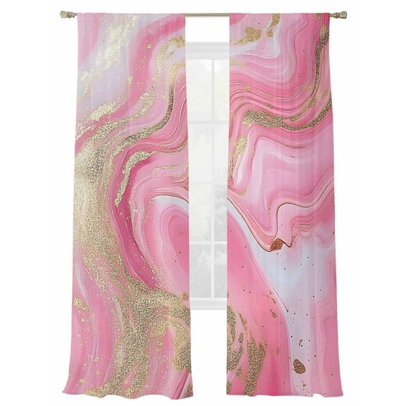 Pink Gold Sheer Curtains for Living Room Bedroom, Light-filtering Sheer Curtain, Abstract Water Ripple Rod Pocket Voile Window Treatment Drapes, 52’’Wx96’’L, 2 Panels Set