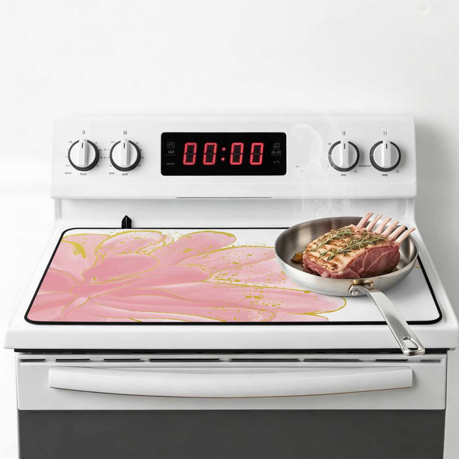 Pink Gold Stove Top Cover for Electric Stove, Heat-proof & Non Slip Glass Top Stove Cover Protector, Boho Modern Abstract Minimalist Aesthetic Flower Kitchen Flat Cooktop Rubber Mat 31x24 Inches