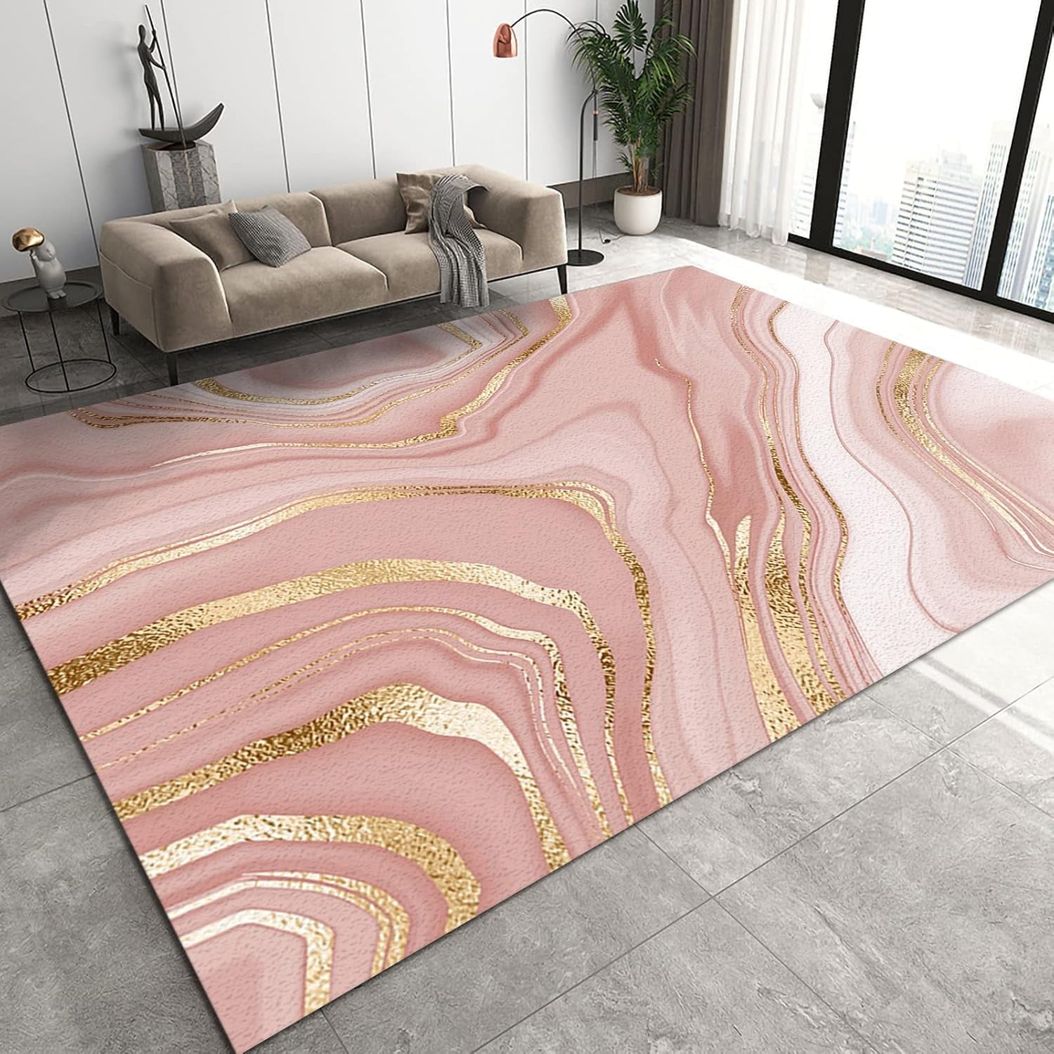 Pink Gold Striped Area Rugs, Fashion Light Luxury Gradient Indoor Rug