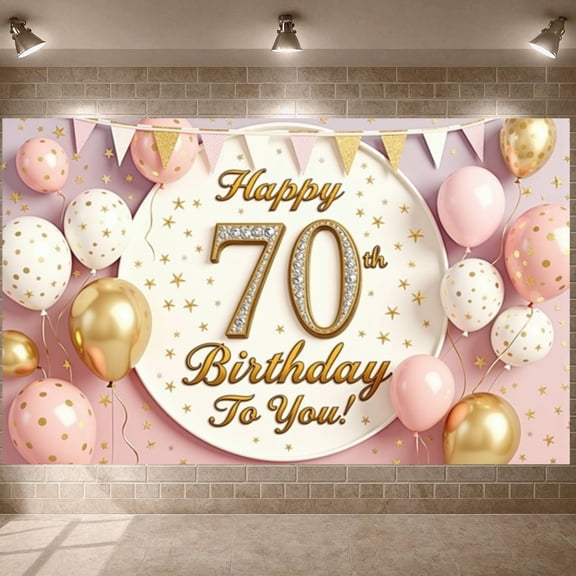 Pink Gold Theme 70th Birthday Banner Decorated Happy Birthday Display Golden Lettering Star Pattern Birthday Backdrop for 70th Birthday Party Senior Birthday Celebration Indoor Party Decoration