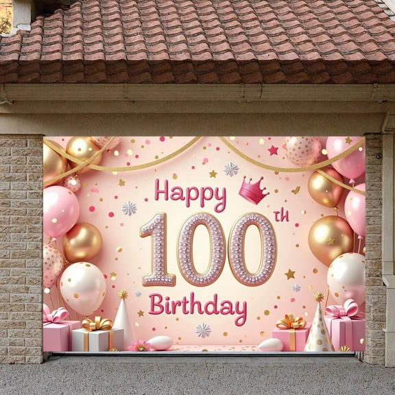Pink Gold Theme Happy 100th Birthday Banner Princess Crown Design 100th Birthday Display Sparkling Sequins Balloon Decorations Centenarian Birthday Backdrop for 100th Birthday Party Princess Theme