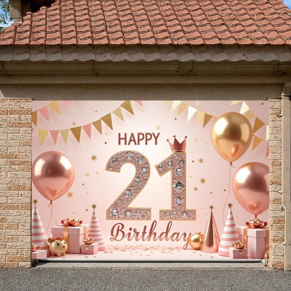 Pink Gold Theme Happy 21 Birthday Banner Studded 21st Birthday Display Glamorous Style Balloon Decor Birthday Party Backdrop for 21st Birthday Party Adult Celebration Photo Shoot Backdrop