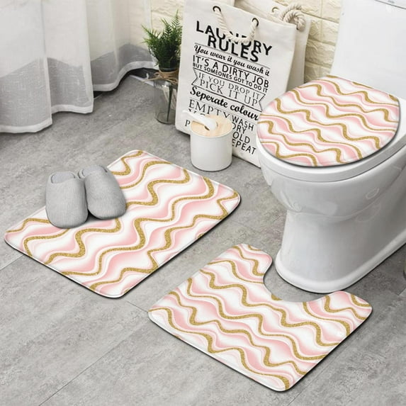 Pink Gold Wave Marble Pattern Bathroom Rugs Sets 3 Piece,Toilet Cover Set,Absorbent Non Slip Bathroom Mats Sets with U-Shaped Contour Rug Toilet Rug Set