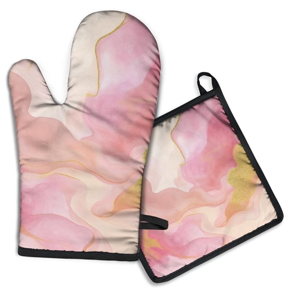 Pink Gold Wave Marble Pattern Kitchen Oven Mitt and Pot Holder Sets 2 Pcs for Baking, Cooking and Grilling, Heat Resistant Up To 392 °F