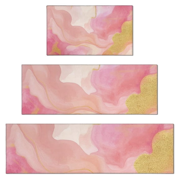 Pink Gold Wave Marble Pattern Kitchen Rugs Sets Of 3,Kitchen Runner Rugs Non Skid Washable,Decorative Kitchen Floor Mats for Kitchen,Sink,Laundry,17"x30"+ 17"x47" + 17"x59"
