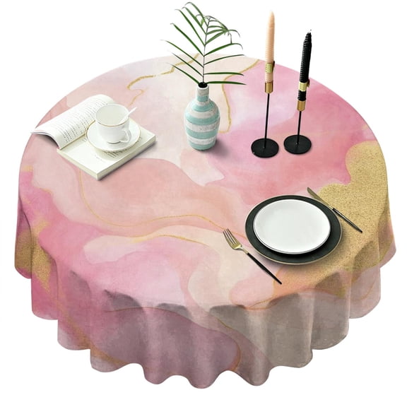 Pink Gold Wave Marble Pattern Round Tablecloth 60"x60",Wrinkle Wipeable Table Cloth for Kitchen Dining Room Picnic Patio Party