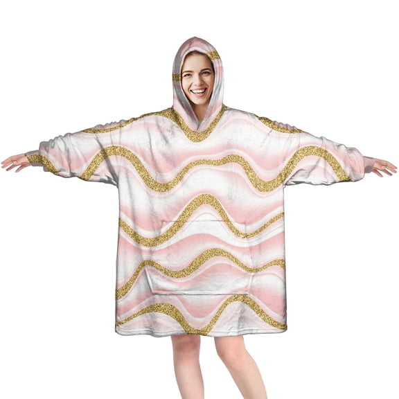 Pink Gold Wave Marble Pattern Wearable Oversized Blanket,Wearable Blanket Hoodie for Adults,Cozy Hooded Blankets with Super Pockets,Super Warm Fuzzy Pullover for Women & Men