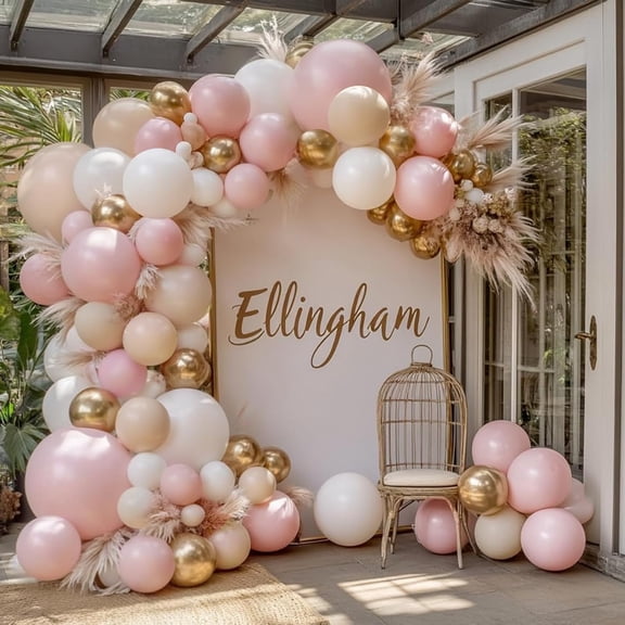 Pink Gold White Balloon Arch Kit - Pastel Light Pink and Beige Sand White Gold Chrome Balloon Garland Kit for Birthday Bridal Shower Engagement Wedding Party Decorations