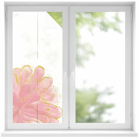 Pink Gold Window Privacy Film, Boho Modern Abstract Minimalist Aesthetic Flower Static Cling UV Sun Blocking Heat Control Window Tint, Non-Adhesive One Way Windows Privacy Cover 19.6''x39.3''