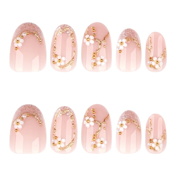 Pink, Gold, and White Ombre, Floral, and Striped Press on Nails, Medium Long Almond Glossy Fake Nails with Metal Accents, 24 Count