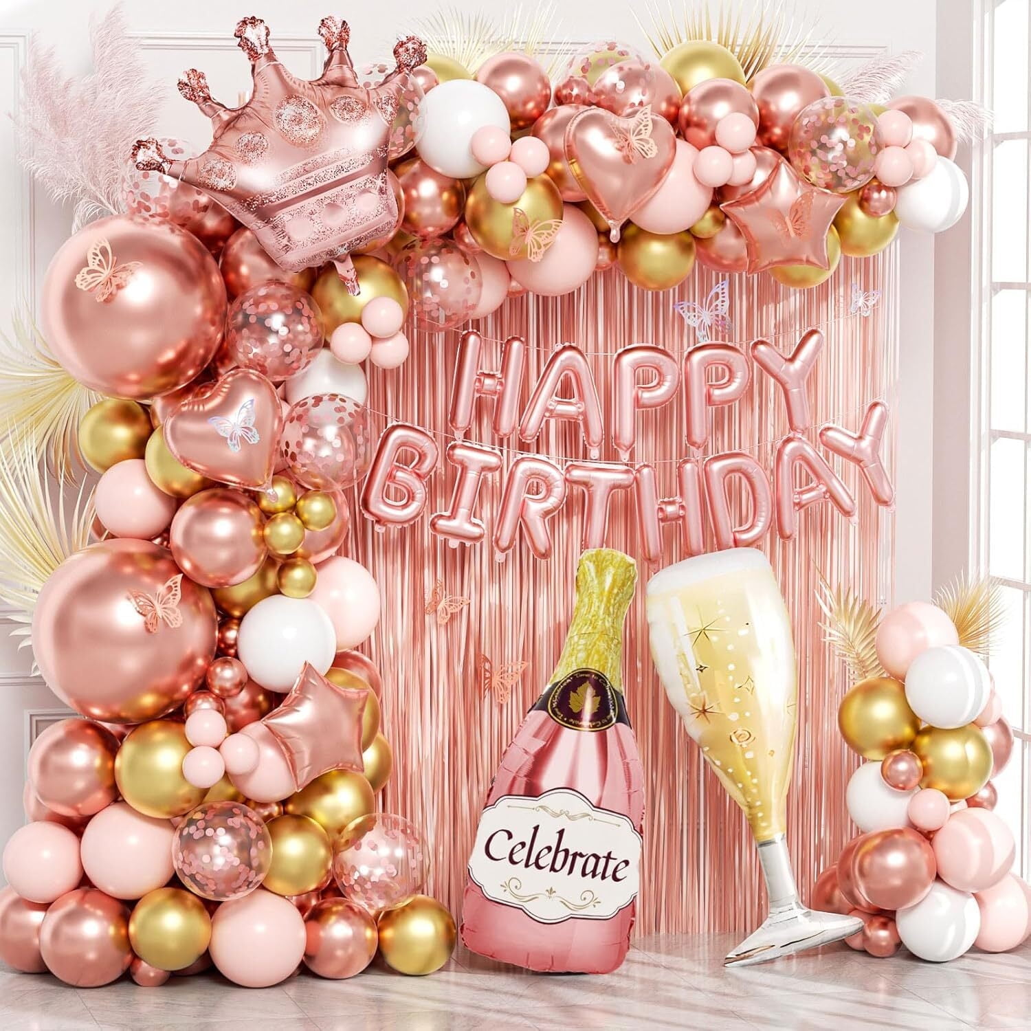 Pink Golden Ball Wreath Bow Set, Birthday Party Decoration, Birthday Party and Wedding Balloon Supplies, Baby Shower Latex Balloon