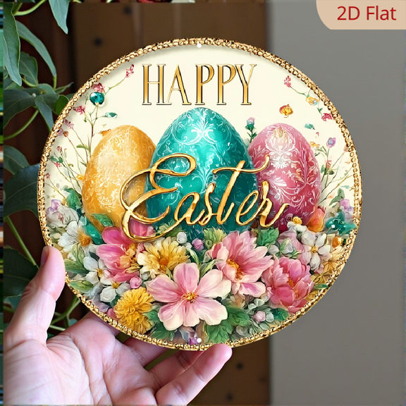 Pink Golden Happy Easter Eggs Wreath Sign, Pastel Round Wreath Attachment, Sign for wreath, Easter Wreath Center, Spring Wreath Sign Decorative Sign Plaque