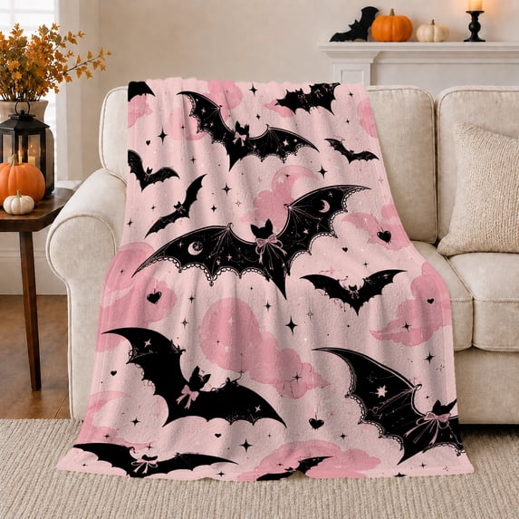 Pink Gothic Bats with Bows and Hearts, Playful Whimsical Cloud Pattern for Bat Lovers, Halloween Gift, Cozy Flannel Blanket for Bedroom and Playroom, Cute Home Decor