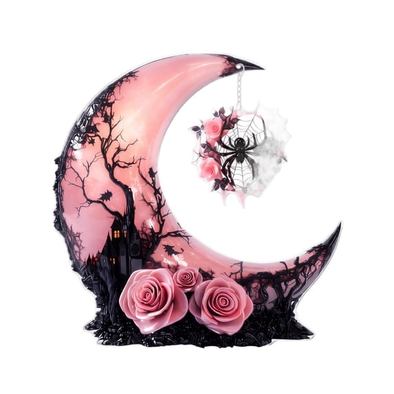 Pink Gothic Decor Halloween Decorations, 2D Acrylic Witch Moon Stand, Vintage Halloween Decorations Indoor, Spooky Home Decor & Tabletop Halloween Witch Decor Figurine