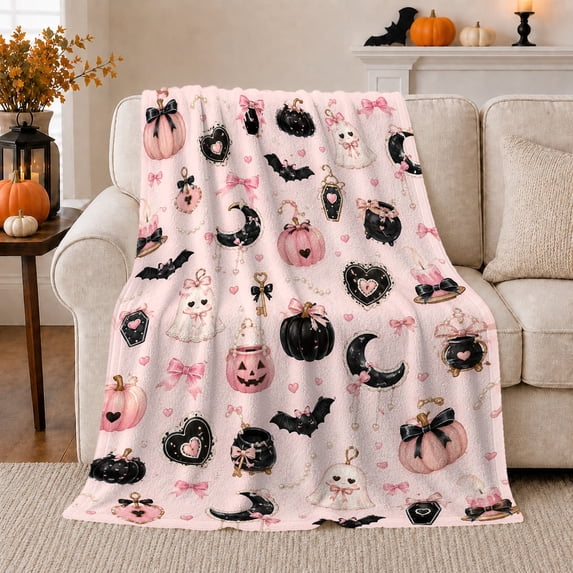 Pink Pumpkins With Ghosts Bats And Ribbon Bows Among Pearl Strands, Cozy Flannel Blanket for Pastel Gothic Enthusiasts, Romantic Gothic Art Home Decor for Bedroom and Living Room, Halloween Gift