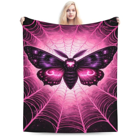 Pink Gothic Moth Blanket, Dark Fantasy Spider Web Art Design, Soft Cozy Plush Bed Sofa Couch Decor Gift for Adults Halloween 50x40