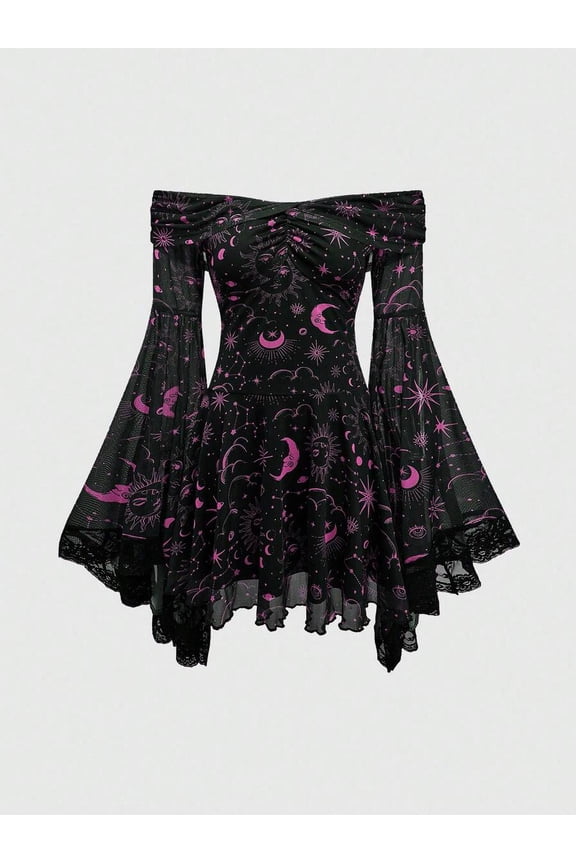 Pink Gothic Retro Off-Shoulder Bell Sleeve Mesh A-Line Dress With Celestial Star And Moon Print