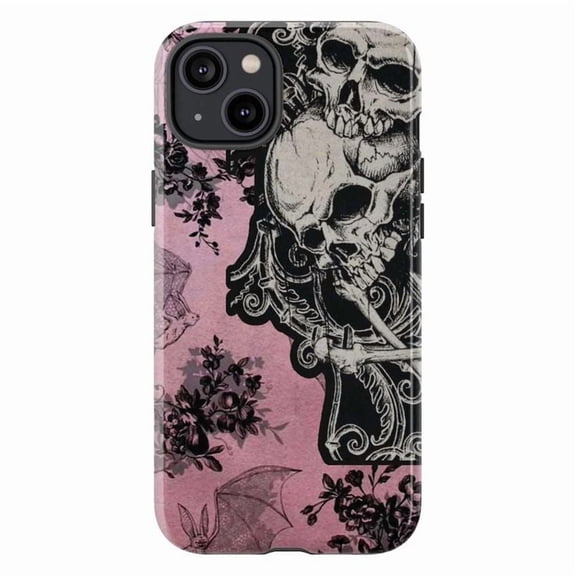 Pink Gothic Skull Phone Case – Vintage Dark Floral Skulls with Bats and Mirror phone Cover for iPhone 16 15 14 13 12 11 Pro Max Plus Mini