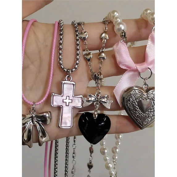Pink Gothic Y2K Pendant Necklace Set With Cross Bow Heart Locket