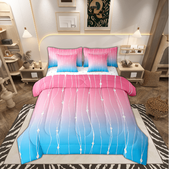 Pink Gradient Bedding Comforter Sets 7 Pieces Blue Ombre Bed in a Bag, Rainbow Watercolor Full Bedding Sets Geometric Wave Comforter Set, Abstract Lines Bedding Sets & Collections Home Decorations