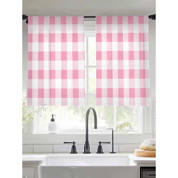 Pink Gradient Buffalo Check Chiffon Sheer Curtains 45 Inches Long, Modern Geometric Grid 2 Rod Pocket Window Treatment Voile Drapes Curtains for Living Room Bedroom,2 Panels, 52x45In