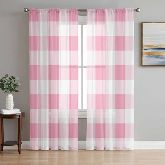 Pink Gradient Buffalo Check Chiffon Sheer Curtains 84 Inches Long, Modern Geometric Grid 2 Rod Pocket Window Treatment Voile Drapes Curtains for Living Room Bedroom,2 Panels, 52x84In