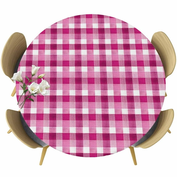 Pink Gradient Buffalo Plaid Fitted Round Tablecloths Elastic Edged Table Covers 45"-54",Waterproof Table Cloth for Kitchen Holiday Party Tables Decor