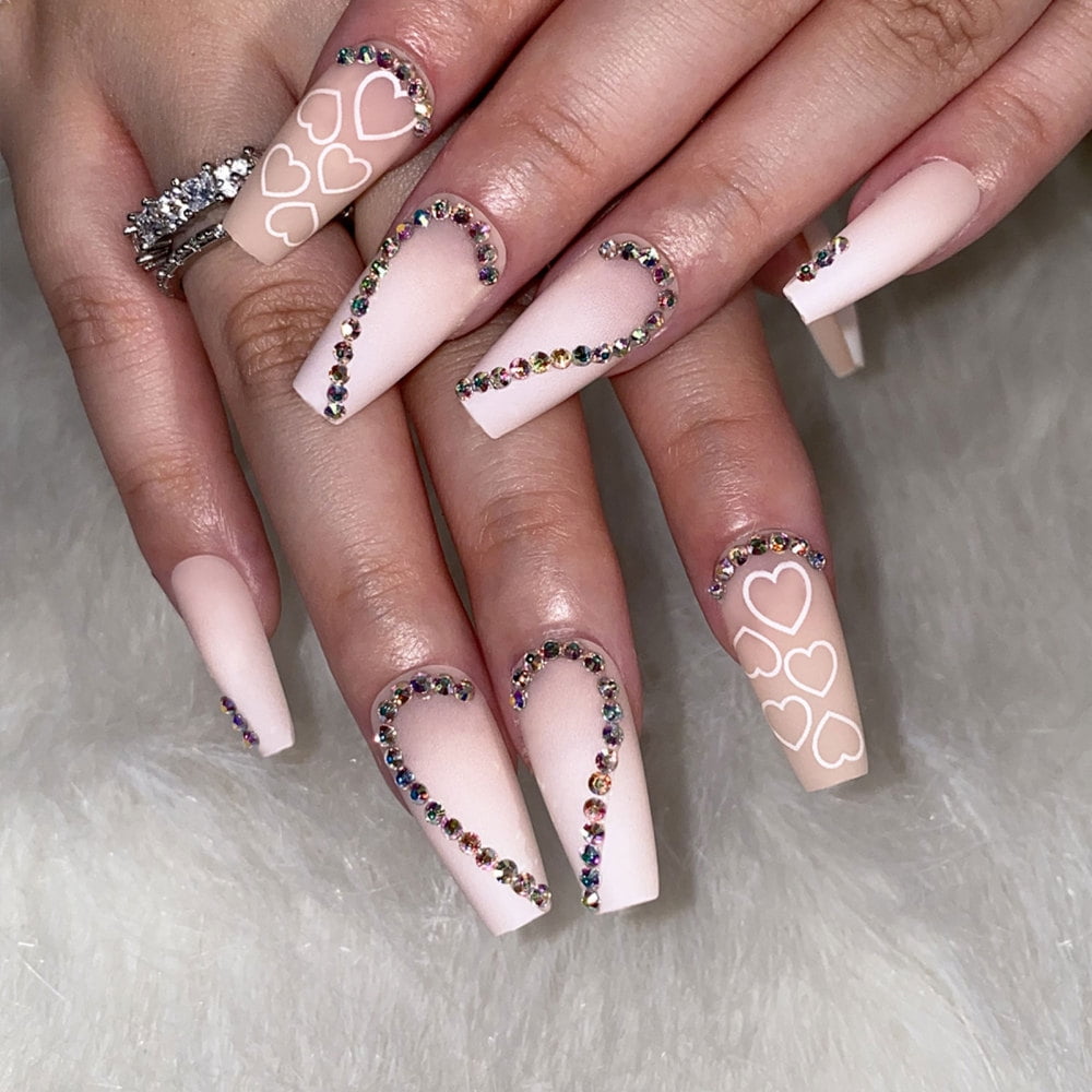 💎Bejeweled Heart on Nude Ombré Nails💎  Acrylic nails, Nails design with  rhinestones, Long acrylic nails coffin