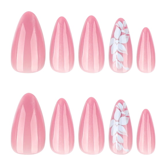 Pink Gradient Floral Pattern Press on Nails, Medium Almond Glossy Artificial Nails with Ombre Effect, 24 Count