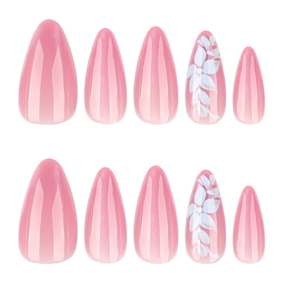 Pink Gradient Floral Pattern Press on Nails, Medium Almond Glossy Artificial Nails with Ombre Effect, 24 Count