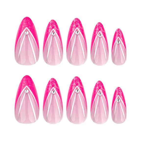 Pink Gradient French V-Shaped Press on Nails, Medium Almond Glossy False Nails with Rhinestone & Glitter Accents, 24 Count