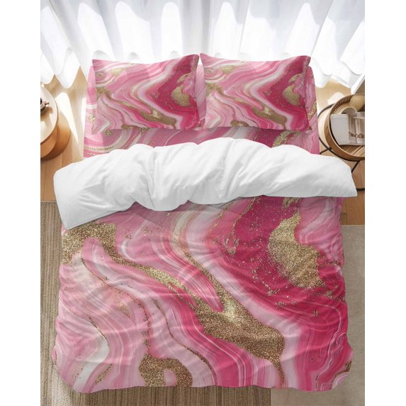 Pink Gradient Marble Bedding Duvet Cover Set Twin Size 4 Pieces Gold Foil Modern Abstract Bedding Set with Zipper Closure, 1 Comforter Cover 68x86 Inches 1 Flat Sheet & 2 Pillow Cases