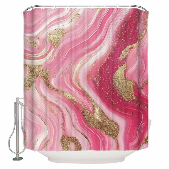 Pink Gradient Marble Shower Curtain, 36" x 72", Gold Foil Modern Abstract Waterproof Bathroom Curtain Washable Shower Curtain Set with 12 Hooks