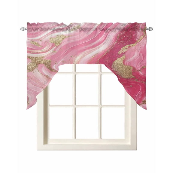 Pink Gradient Marble Swag Valance and Tier Curtains Set Gold Foil Modern Abstract Kitchen Curtains 3 Piece Set Rod Pocket Panels for Bedroom Cafe 56x36 inch