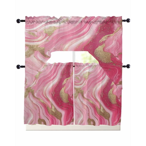 Pink Gradient Marble Swag Valance and Tier Curtains Set Gold Foil Modern Abstract Kitchen Curtains 3 Piece Set Rod Pocket Panels for Bedroom Cafe Swag Valances and 36 inches Tiers