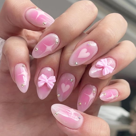 Pink Gradient Press on Nails Fake Nails Almond-shaped blush Bow Star with Rhinestones Design Glossy Stick on Nails Acrylic Artificial Nails Oval False Nails for Women Girls DIY Manicure Decoration
