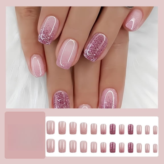 Pink Gradual Shine Press-On Nails - 24PCS Short Oval, Minimalist Glitter Gradient, Non-Toxic & Reusable