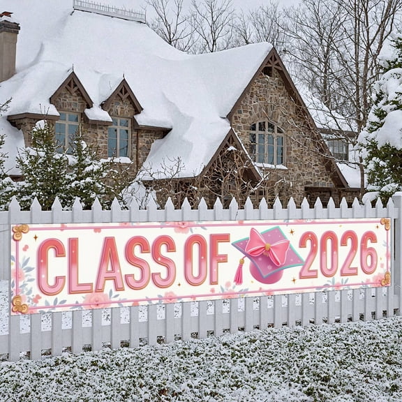 Pink Graduation Banner Floral Decor Class of 2026 Display Mortarboard Design Glittery Graduation Backdrop for Graduation Party High School Graduation College Ceremony