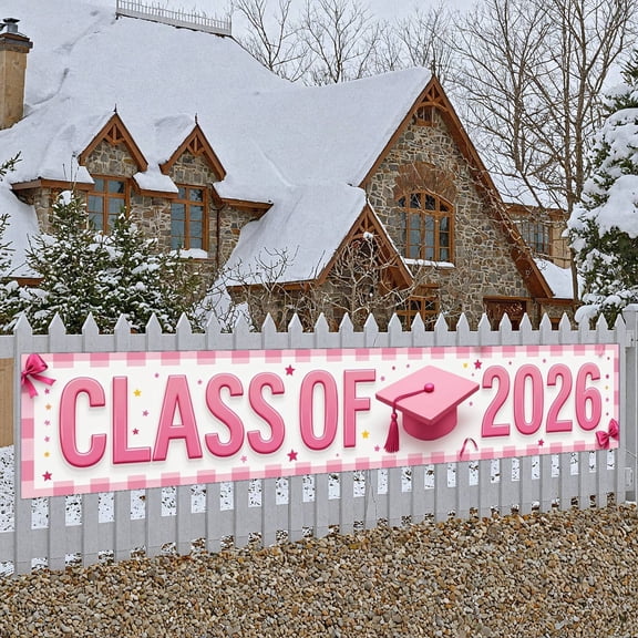 Pink Graduation Banner Graduation Cap Design Class of 2026 Display Star Pattern Bow Decoration Graduation Backdrop for Graduation Ceremony High School Graduation Graduation Photo Shoot