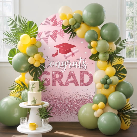 Pink Graduation Cap Arch Backdrop Cover, 4FT, Festive Balloons Glitter Gradient Modern Spandex Arch Covers Double-Sided Backdrop for Wedding Birthday Party Photo Background Decoration