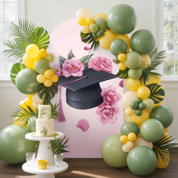Pink Graduation Cap Arch Backdrop Cover, 5FT, Rose Flower Gradient Abstract Tassels Spandex Arch Covers Double-Sided Backdrop for Wedding Birthday Party Photo Background Decoration
